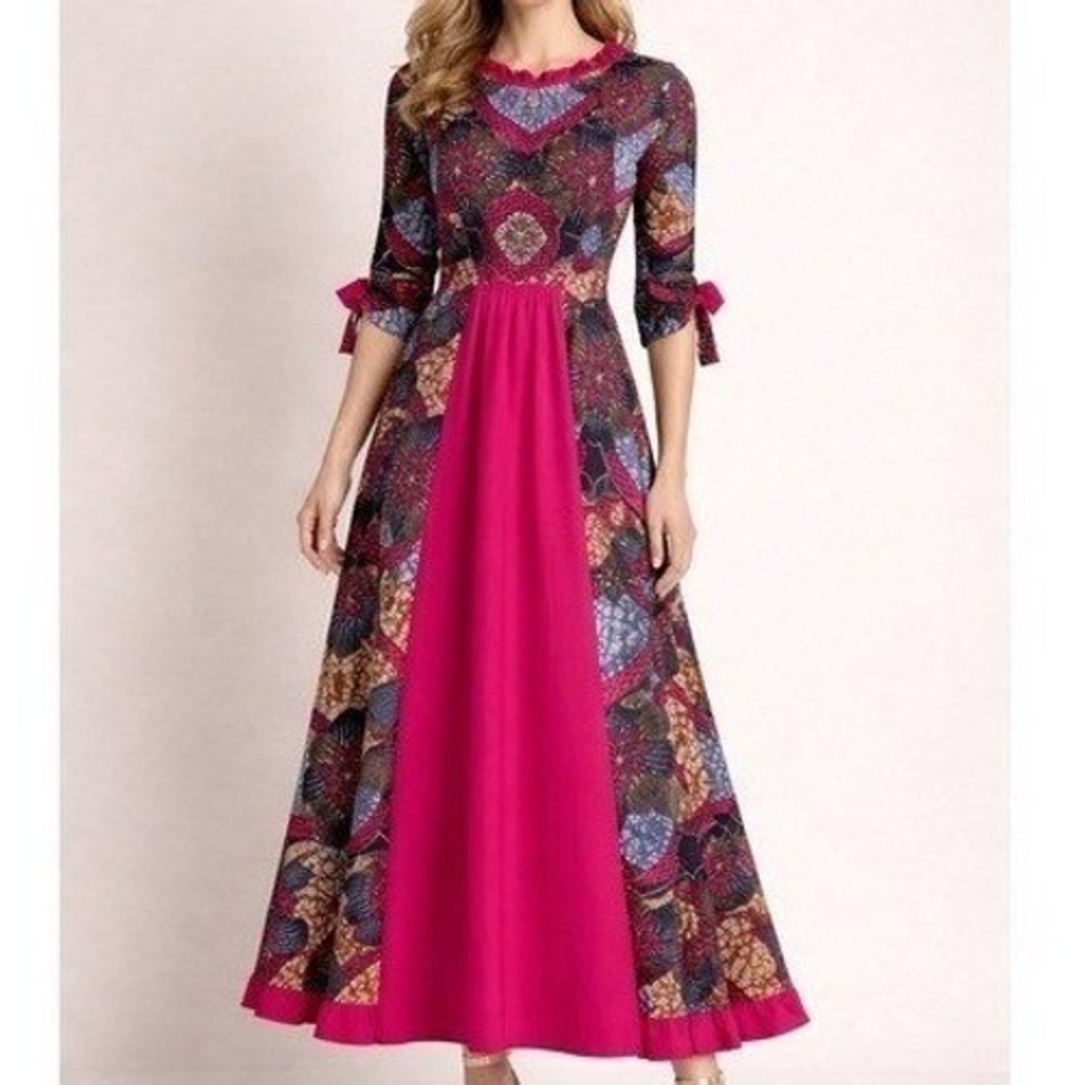 70s Boho‎ Patchwork Print Maxi Dress Medium Handmade Hippie Cottage Festival